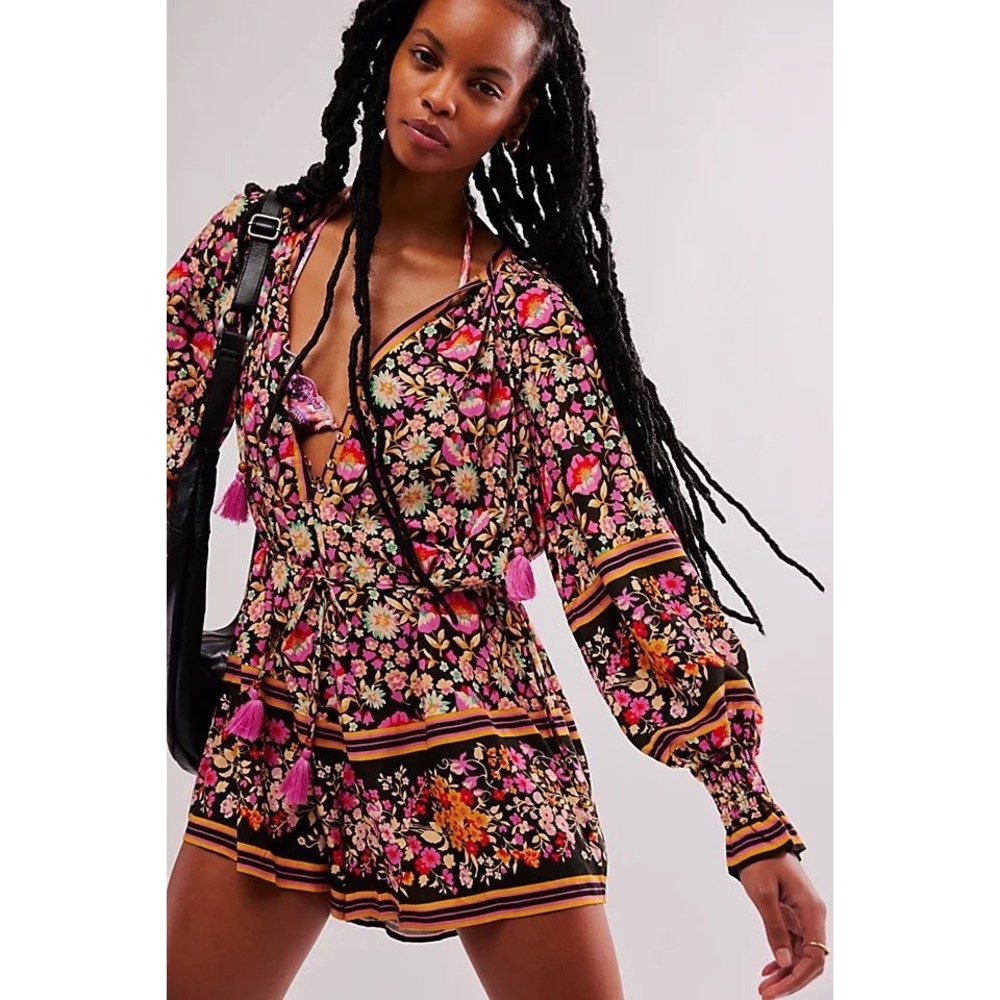 Spell Black Floral Romper with Pink & Orange Accents